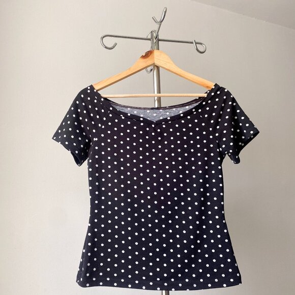 ❄️ Casual Y2K Minimalist Twee Trendy Black & White Polka Dot Bateau-Neck Top - Picture 1 of 5